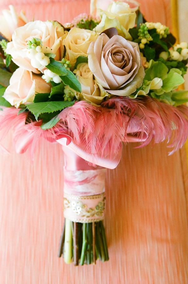 feathered wedding bouquet photo by Yvette Roman Photography